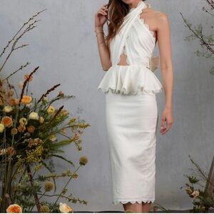 V. Chapman White Halter Peplum Midi Dress